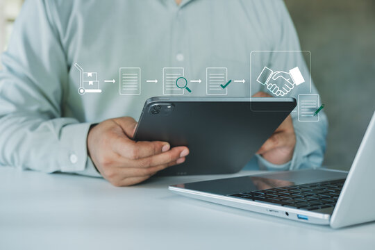 Business professional using tablet for digital procurement workflow approval process with document verification, contract agreement, and automated supply chain management in modern workspace