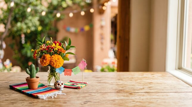 Mexican Day of the Dead ofrenda with marigolds, sugar skull, and cactus on wooden table.