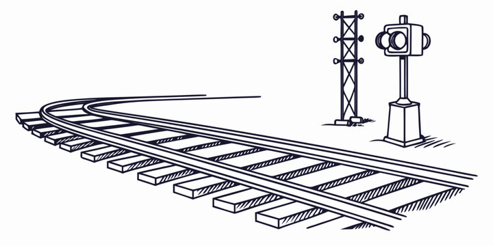 Illustration of a curved railway track with a signaling pole railroad transport transportation signaling infrastructure locomotive railwaystation industry engineering junction movement