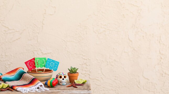 Traditional Mexican heritage altar with calavera, papel picado, and colorful serape