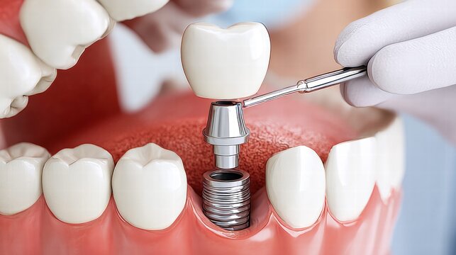 Dental implant procedure visualized, with a dental crown being placed onto the implant abutment.