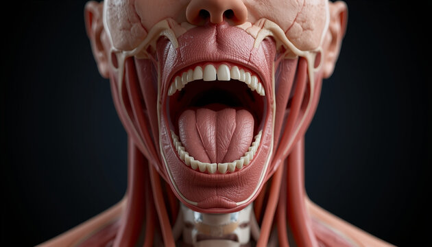 Anatomical view of human head and neck muscles with open mouth