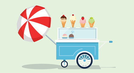 A blue ice cream cart with a red and white umbrella © Luffy