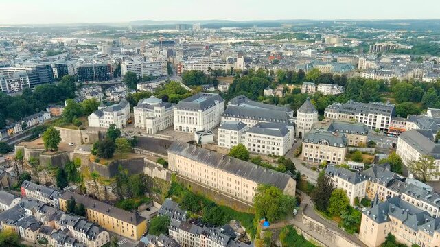 Luxembourg City, Luxembourg. Panoramic view of the historical part of Luxembourg city. The city is located in a deep valley of two rivers - Alzette and Petrus. Drone footage