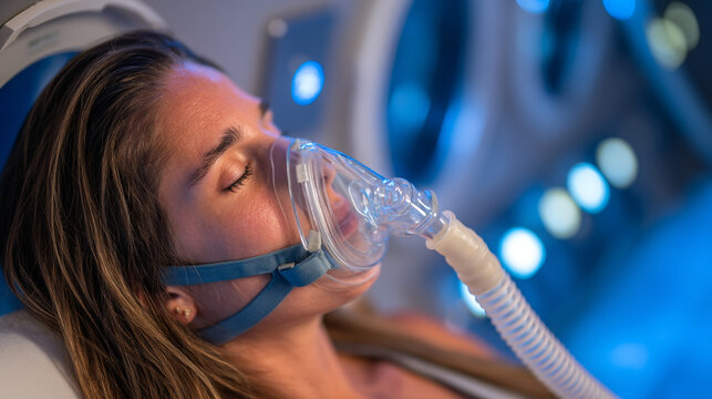 Woman using an oxygen mask for therapy in a clinical blue light setting with treatment