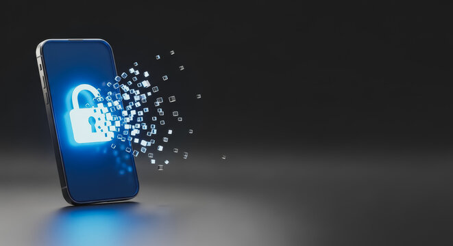 Smartphone with glowing blue padlock icon dissolving into digital pixels representing data breach or cyber security hack