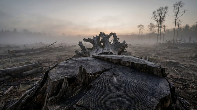 A prominent tree stump and its gnarled roots stand in a misty, deforested area under a pale sky, symbolizing environmental impact.