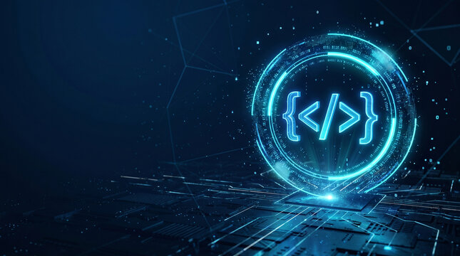 Glowing Blue Neon HTML Code Tag Symbol in Futuristic Digital Ring on Dark Circuit Board Technology Background