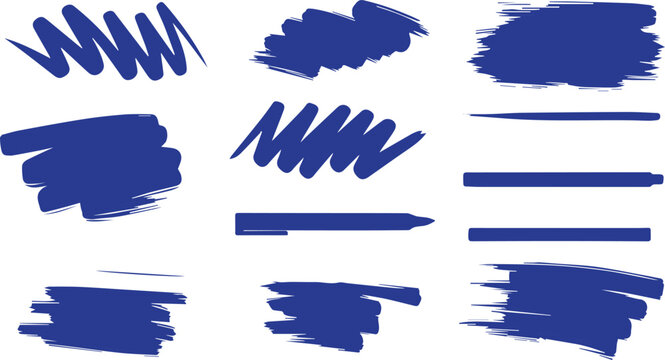 A collection of hand-drawn blue marker scribbles, permanent pen strokes, and highlighter smears for emphasizing text or creating artistic textures.