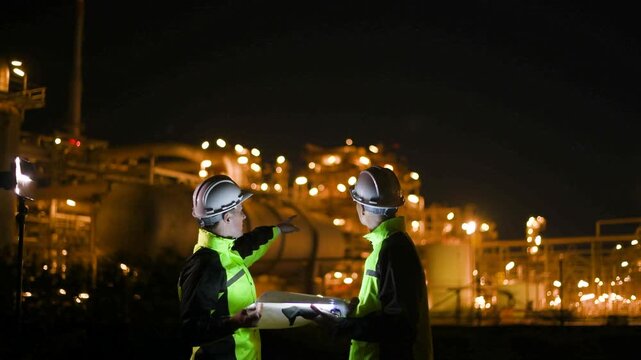Engineer survey team wear uniform and helmet stand workplace checking blueprint project, tablet computer inspection work construction site with night lights oil refinery background.