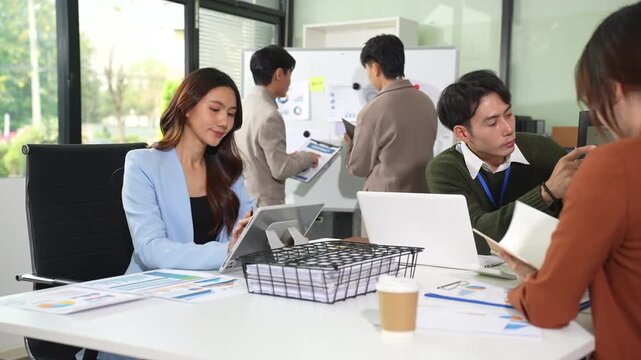 Project manager working and update tasks with milestones progress planning and professional investor working new start up project in the office.