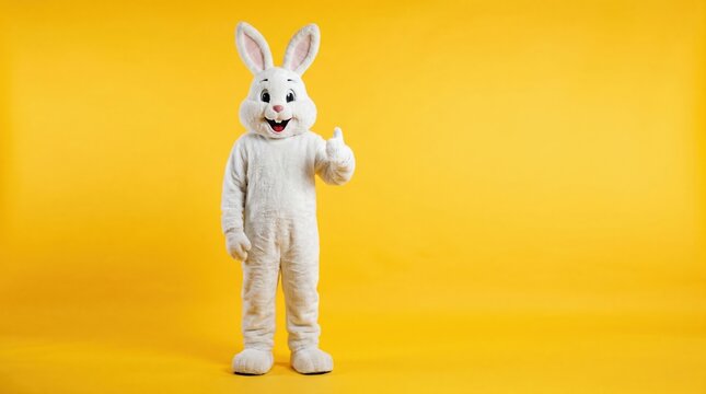White easter bunny mascot costume character giving thumbs up gesture on bright yellow background