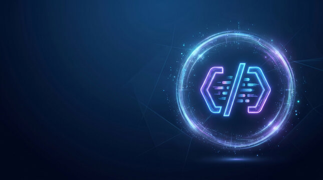 Glowing Neon Code Symbol Icon with Purple Blue Light Ring on Dark Blue Futuristic Technology Background