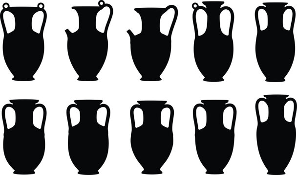 Set of Silhouetted Ancient Greek Vases, Amphora Icons for Cultural, Art, and Historical Design Projects