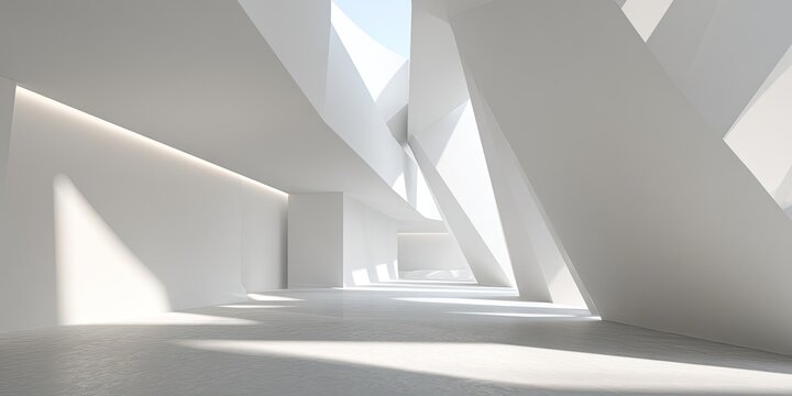 Modern architectural interior with a bright, minimalist design, emphasizing light and shadow play