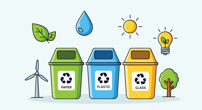 Colorful recycling bins with eco-friendly icons