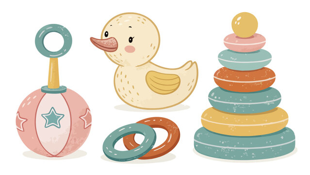 Set of cute baby toys, including a rattle, a rubber duck, a stacking ring tower, and colorful rings, vector illustration