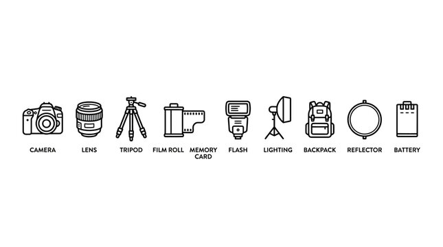 Photography equipment icons set camera lens tripod film roll