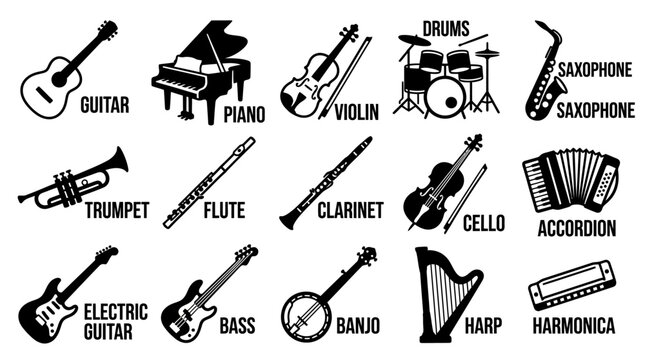 Collection of various musical instruments icons