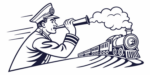 Retro style illustration of train conductor signaling with whistle and steam locomotive engine public transport conductor locomotive signaling transportation railroad illustration operator © MD MOGAMMEL HAQUE 