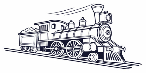 Classic steam train engine moving on tracks vector illustration with steam powered old fashioned line art locomotive transportation railroad illustration mechanical industry graphics © MD MOGAMMEL HAQUE 