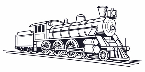 Detailed steam locomotive train side view linear graphic with line art steam engine old fashioned locomotive transportation railroad illustration graphics isolated mechanical industry © MD MOGAMMEL HAQUE 