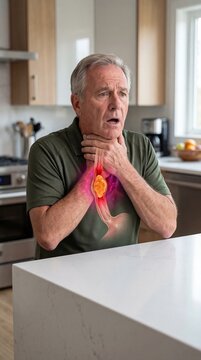Man touching his throat experiencing difficulty swallowing. Esophageal health issue with rendered anatomy overlay. Medical illustration depicting dysphagia, reflux or tumor awareness concept.