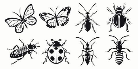 Collection of decorative insect and beetle silhouettes in black and white style with butterfly silhouette wildlife entomology collection isolated creature crawling illustration minimalist © MD MOGAMMEL HAQUE 