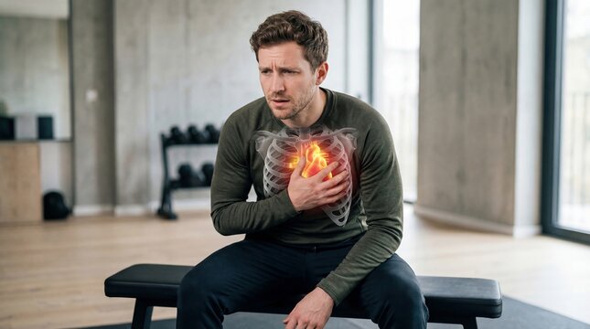 Man sitting and holding his chest with glowing heart anatomy. Pain and cardiac health issue. Medical concept representing angina or symptoms of heart attack, physical stress and danger.