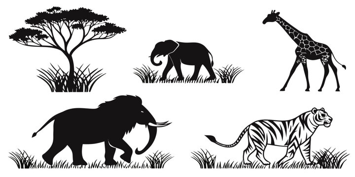 Set of wild african animal silhouettes including elephant giraffe tiger mammoth and savanna tree in black and white with silhouette elephant collection isolated wildlife predator illustration