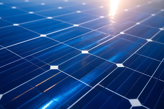 Blue solar panel modules glistening under bright sunlight with a radiant sun flare, renewable ene