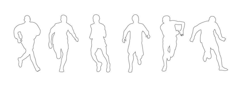 Silhouettes of two men running side by side in black and white outline athletic. 