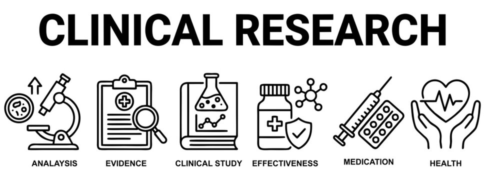 Clinical Research Vector Icons Set &mdash; Medical, Science, Medication Flat Clipart
