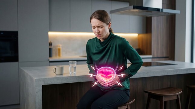 Woman suffering from cystitis holding her stomach in pain. Visualization of bladder infection with inflammation. Medical concept of urology health problem and abdominal discomfort.