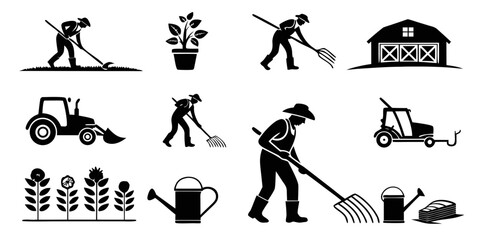 Farming agriculture icons set with farmers tractors barns and garden tools agriculture silhouette cultivation countryside watering machinery agronomy industry planting landscape farmhouse © MD MOGAMMEL HAQUE 