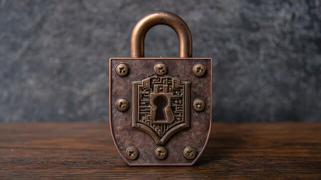 Vintage bronze padlock with intricate design on wooden surface