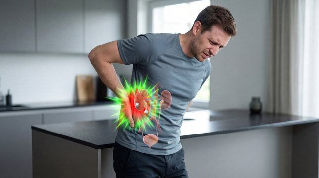 Man suffering from severe back pain due to kidney stone. Conceptual illustration of human renal system health problem and medical condition. Urinary tractache illness and internal organ pain.