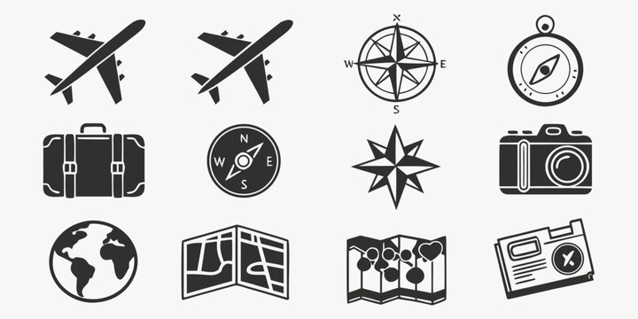 Travel and adventure icons: airplanes compasses suitcase camera globe map with air travel luggage bag airplane suitcase collection illustration adventure navigation photography destination