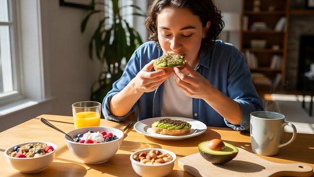 Woman eating avocado toast with berries and nuts