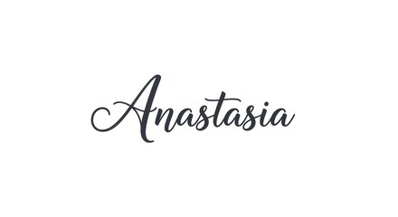 Fototapeta premium Anastasia handwritten script name, elegant black calligraphy on white background, feminine cursive lettering for personalized branding and wedding stationery