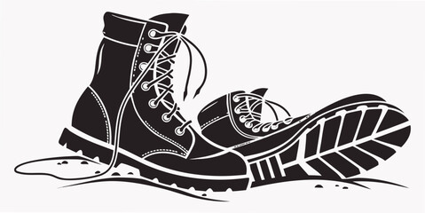 Black and white vector illustration of a pair of hiking boots with untied laces one upright and one on its side symbolizing journey adventure or a break from work white background design element © MD MOGAMMEL HAQUE 