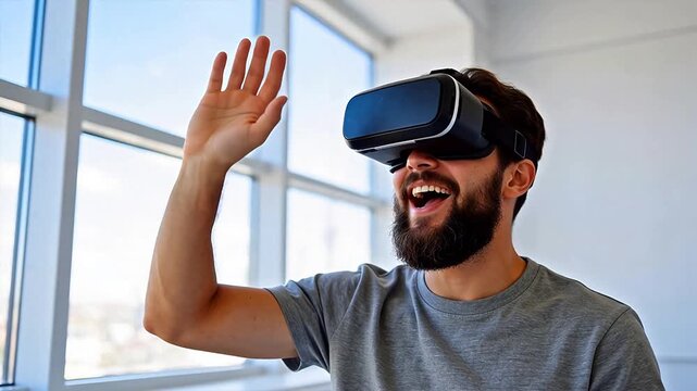 Man wearing VR headset and waving