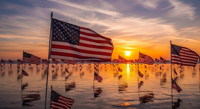 Memorial day remembrance american flags at sunset honoring fallen heroes