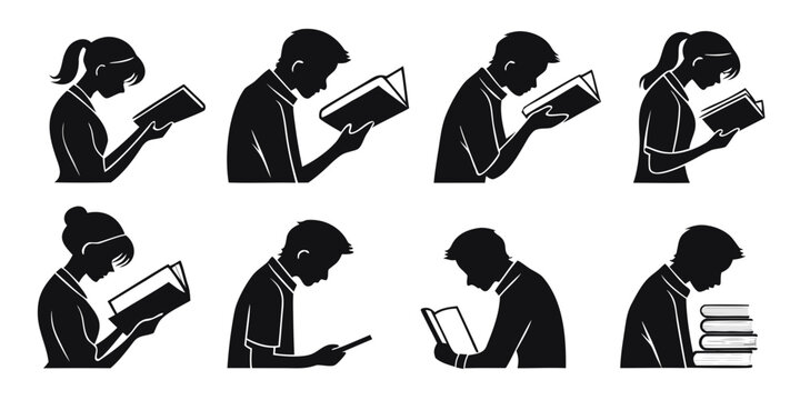 Silhouettes of individuals engaged in reading and learning activities traditional books digital devices a stack of books with black white learning process self improvement personal growth e reader