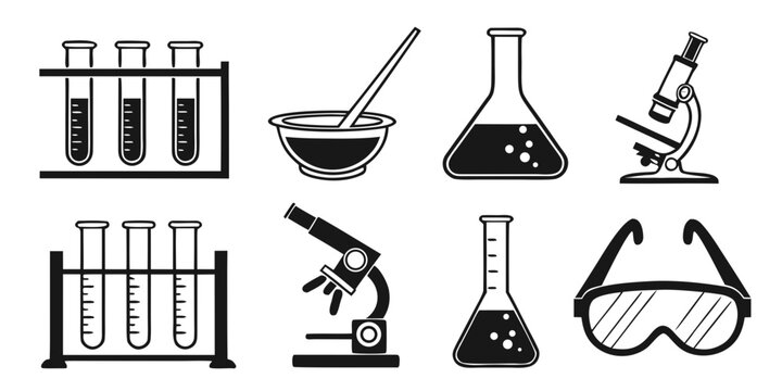 Essential laboratory equipment icons featuring test tubes in racks mortar and pestle erlenmeyer flasks microscopes protective safety glasses test tube protective eyewear laboratory microscope