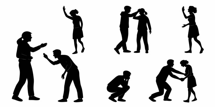 Vector illustration collection of silhouettes depicting domestic conflict physical fighting and aggressive interactions between people with silhouette conflict argument violence aggression