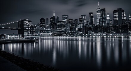 Obraz premium Dramatic Black and White Skyline of a Major City at Night with Bridge and Reflections.