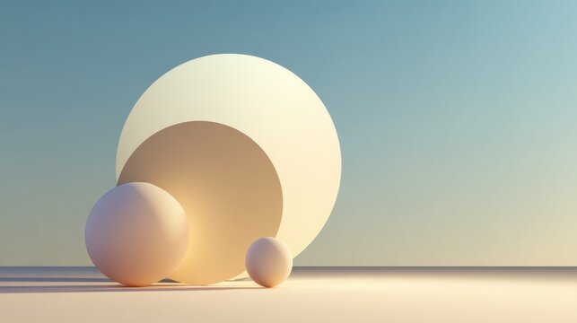 Abstract Spheres Composition: A minimalist and elegant composition showcasing various spheres, evoking a sense of balance and harmony with the warm, diffused lighting.