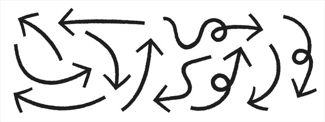 Fototapeta premium Hand drawn arrows. curve arrow. Set of hand drawn arrow vector icons. Black hand-drawn arrow signs or symbols.