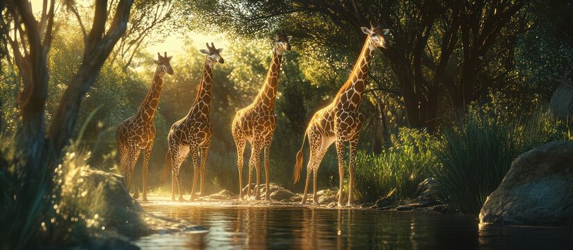 A majestic herd of giraffes gathers at a sun-drenched watering hole in the heart of the wild.